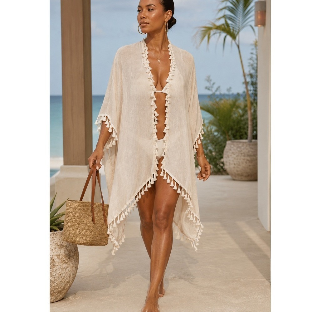 Evelyn K New York Ivory Tassel Kimono Cover Up Sheer Boho Beach Resort One Size